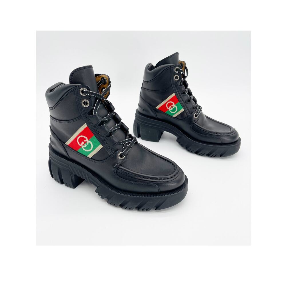 Gucci Quebec Romance Logo Web Leather Lug Sole Lace Up Combat Booties EU 37
